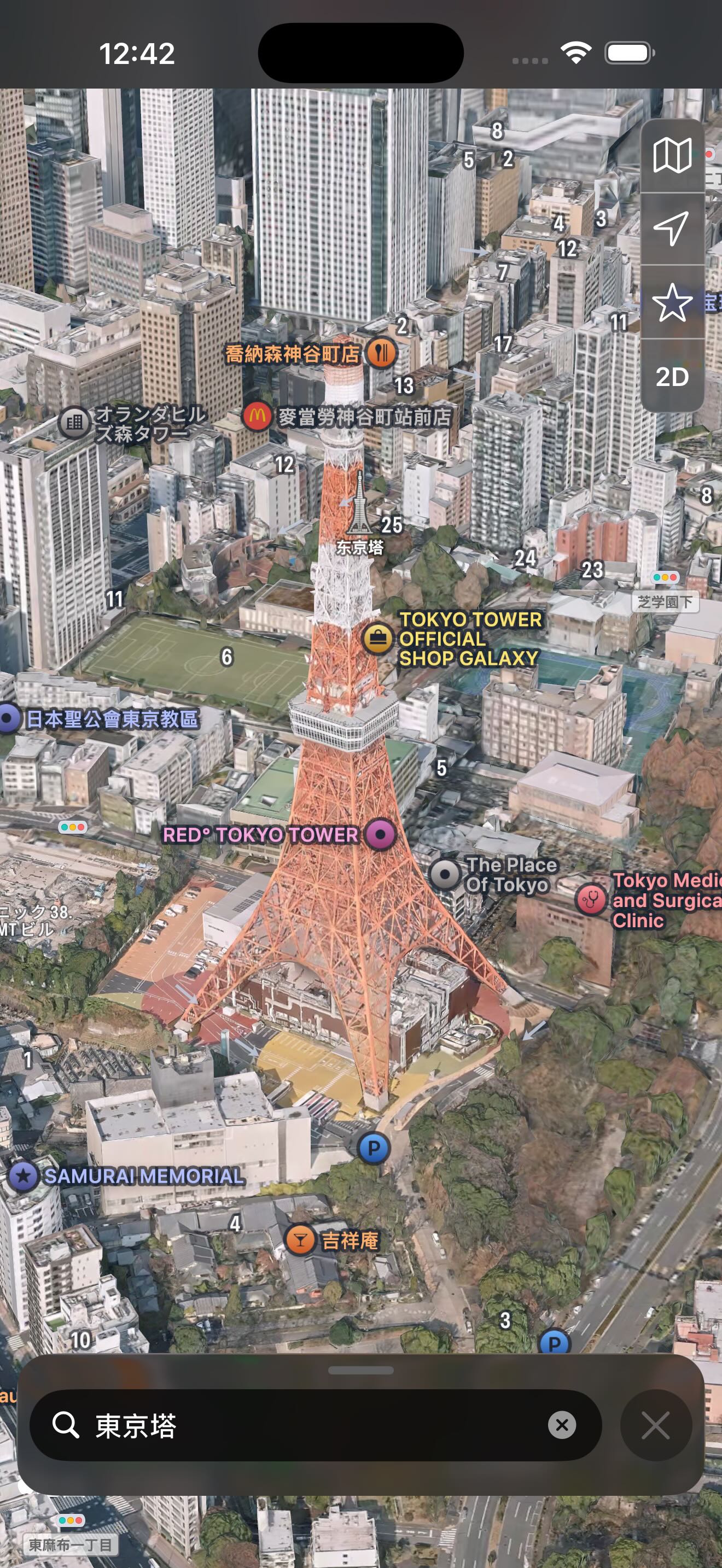 Mappu 3D 地圖檢視，顯示從上方看到的東京鐵塔
